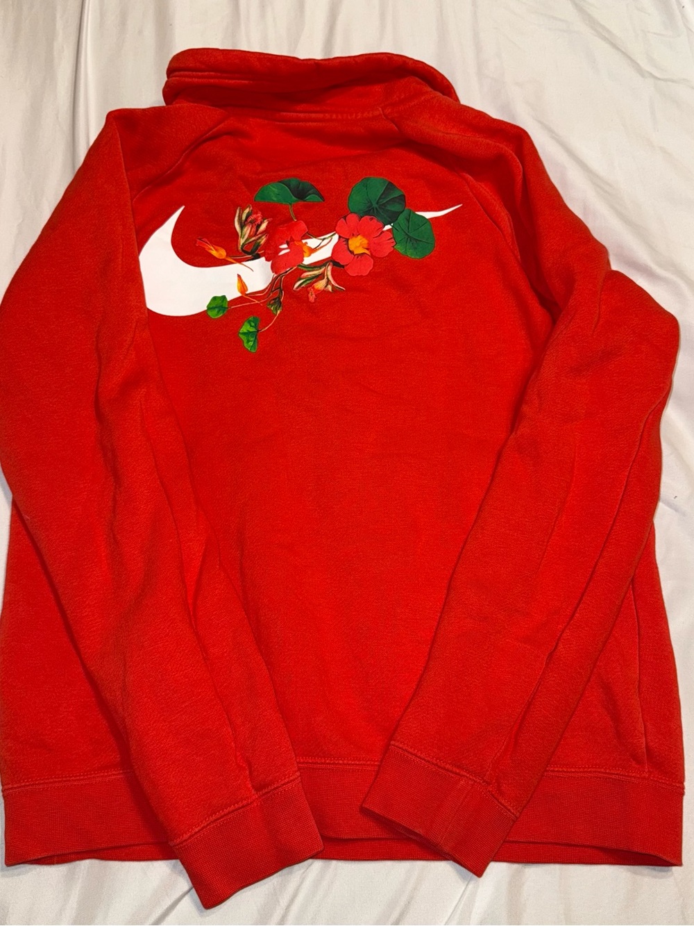Nike Red Crewneck Sweater with White Swoosh and Floral Accent